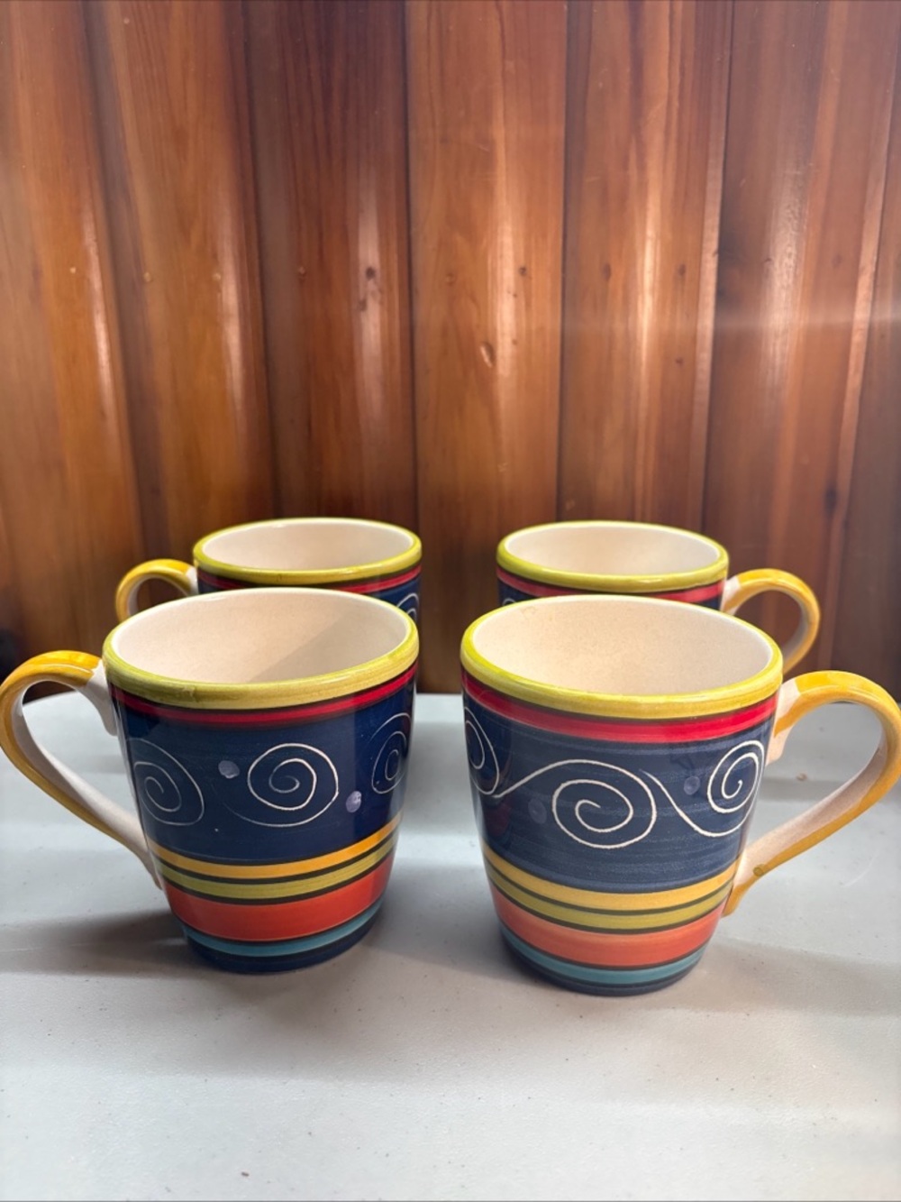 Pier 1 Italian 4 Summer Mugs Hand Painted Earthenware Swirl Italy 4 1/2" Tall
